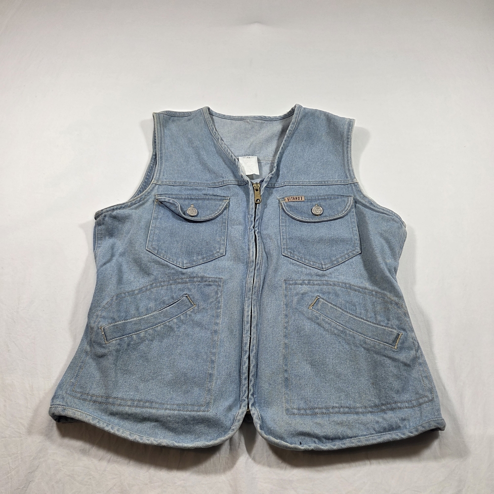 Gitano Vintage Zip Up Vest Tab Pockets Rodeo Light Blue Denim Vest Medium Women - Picture 1 of 5